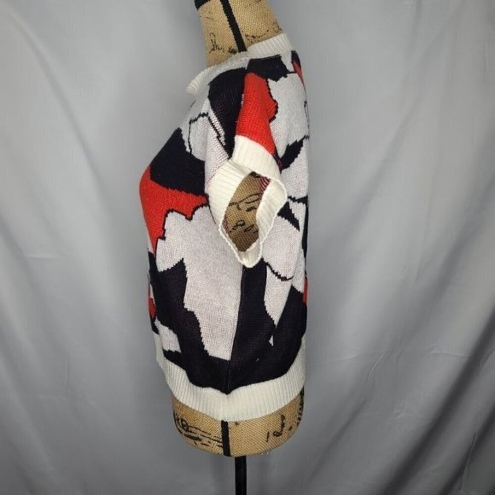 Vintage 70's Abstract Black White Red Sweater Short Sleeve Top - Picture 2 of 8